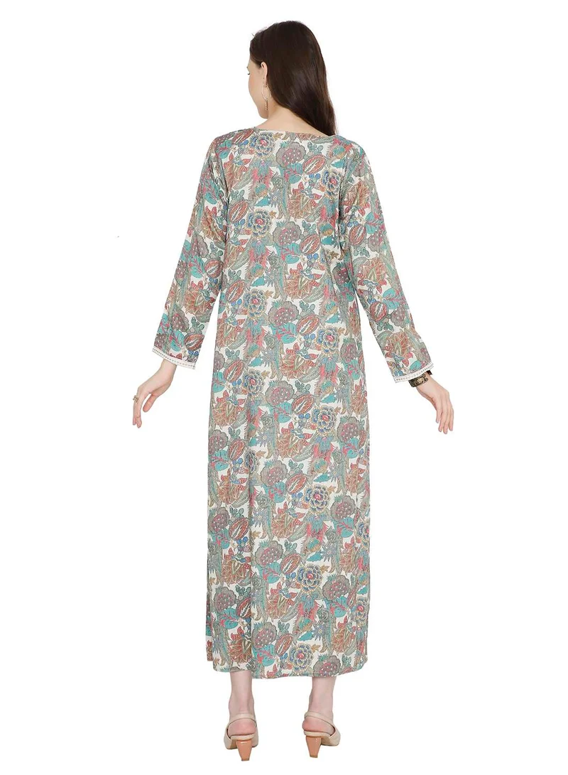 هانا آند سارا MULTICOLOUR ELEGANT FLORAL PRINTED FARASHA JALABIYA WITH UNIQUE THREAD EMBROIDERY
