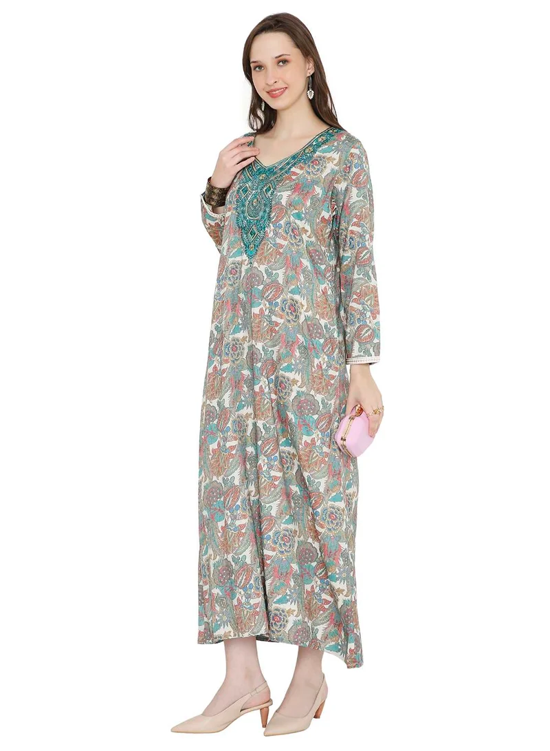 هانا آند سارا MULTICOLOUR ELEGANT FLORAL PRINTED FARASHA JALABIYA WITH UNIQUE THREAD EMBROIDERY
