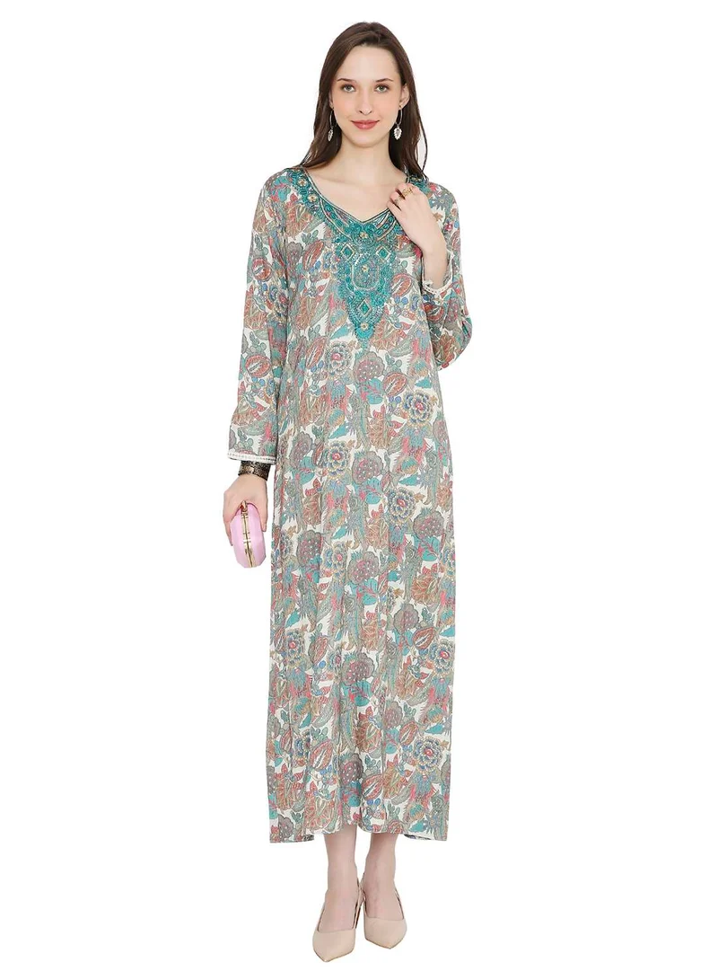 هانا آند سارا MULTICOLOUR ELEGANT FLORAL PRINTED FARASHA JALABIYA WITH UNIQUE THREAD EMBROIDERY