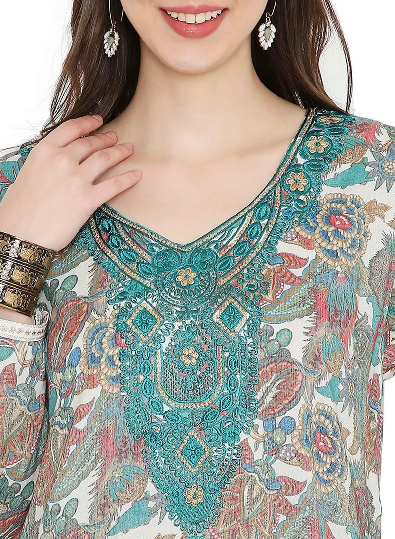 هانا آند سارا MULTICOLOUR ELEGANT FLORAL PRINTED FARASHA JALABIYA WITH UNIQUE THREAD EMBROIDERY