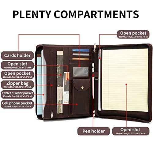 YIWEN Handmade Crazy-Horse Leather Padfolio Portfolio Case Business Organizer Tablet Folio Folder, Letter Size Notepad,Zippered Closure, Gift for Women & Men (Dark Brown Upgraded Version, Non-Custom) - Image 3