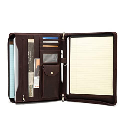 YIWEN Handmade Crazy-Horse Leather Padfolio Portfolio Case Business Organizer Tablet Folio Folder, Letter Size Notepad,Zippered Closure, Gift for Women & Men (Dark Brown Upgraded Version, Non-Custom) - Image 1