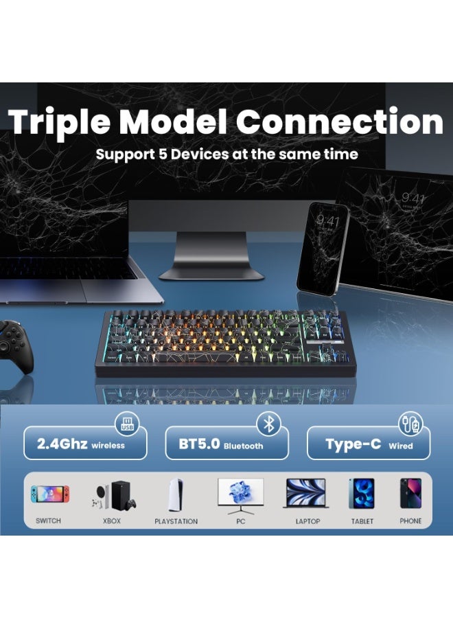 ZORNHER ZH870 Wireless Gaming Mechanical Keyboard,80% Black Custom Creamy Sound Keyboard with Spider Web IMD PC Keycaps,Creamy Sounding Linear Switches,Hot-Swappable,RGB Backlit,2.4GHz/USB-C/BT5.0 - Image 3