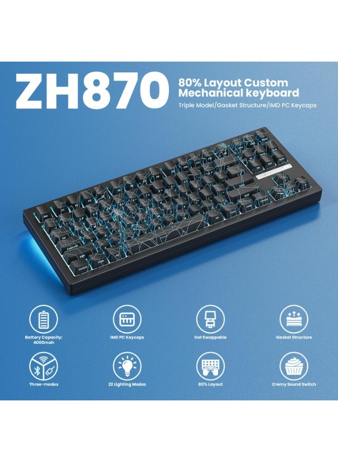 ZORNHER ZH870 Wireless Gaming Mechanical Keyboard,80% Black Custom Creamy Sound Keyboard with Spider Web IMD PC Keycaps,Creamy Sounding Linear Switches,Hot-Swappable,RGB Backlit,2.4GHz/USB-C/BT5.0 - Image 2