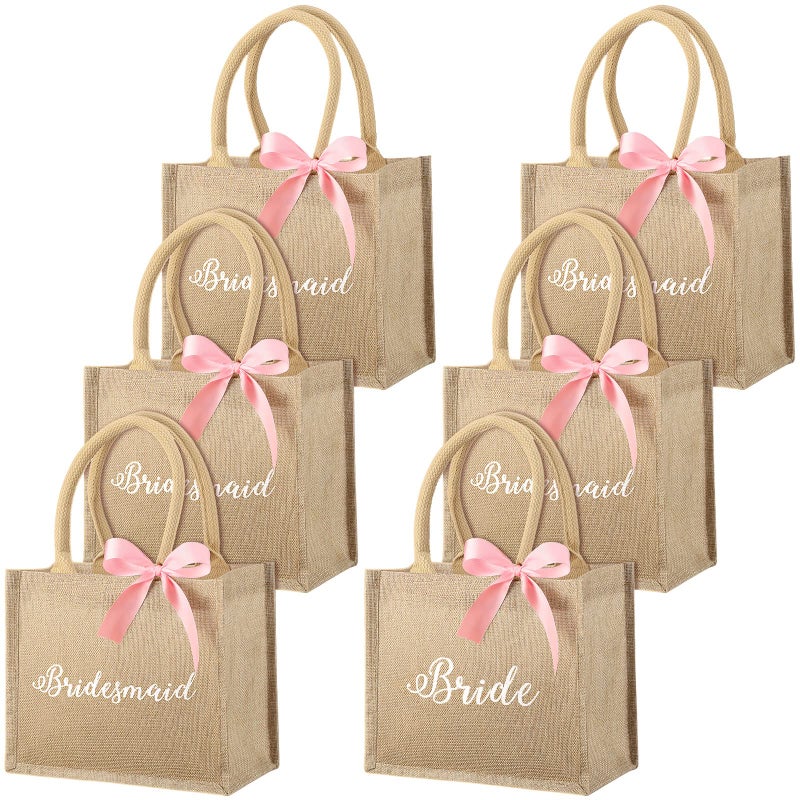 Saintrygo 6 Pack Bridesmaid Tote Bags Bridesmaid Gift Jute Burlap Tote Bags with Handles Bride Pink Ribbons for Wedding 984 x 787 x 492