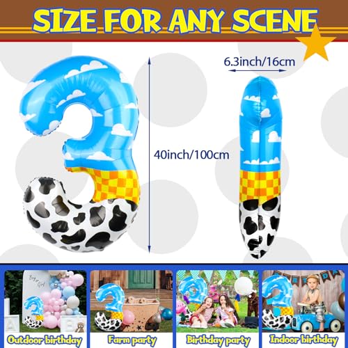AXBMM 40 Inch Number 3 Balloon Blue Clouds Cartoon Story Balloons Toy Inspired Story Party Supplies for Birthday Garland Arch Kit Farm Favor Number 3 - Image 5