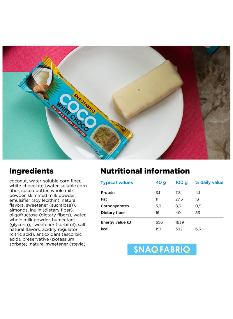Snaq Fabriq Coco White Choco Bar Almond High Fiber and No Sugar Added 12x40g  - Image 4