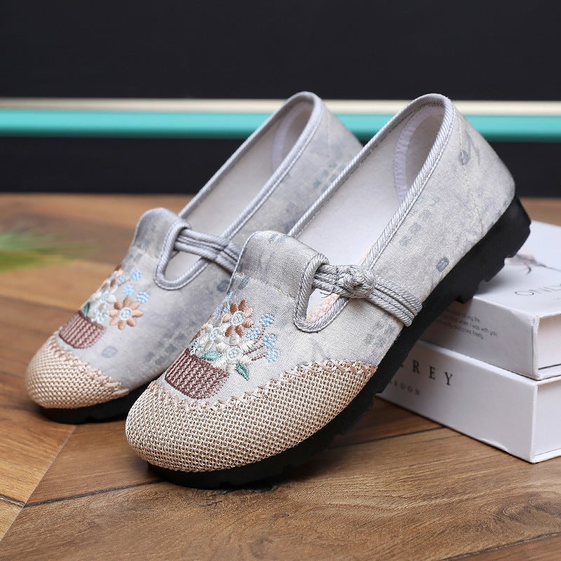Spring Autumn Embroidered Cloth Shoes for Women Grey 