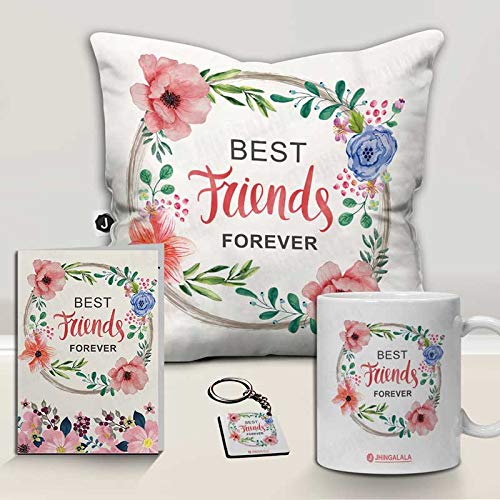 Jhingalala Jhingalala Best Friends Forever Printed Cushion Mug Key Chain Greeting Card Combo Gift Pack Gift for Friends Gift for Friendship Day Friendship Day Gifts for Best Friend Friendship Day Gifts - Image 1