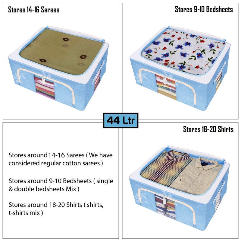 FLYNGO Foldable Steel Frame Clothes Organizer Storage Box for Wardrobe, Saree, Shirts, and Blankets (44 Ltr - Pack of 2, Oxford Fabric) - Image 4