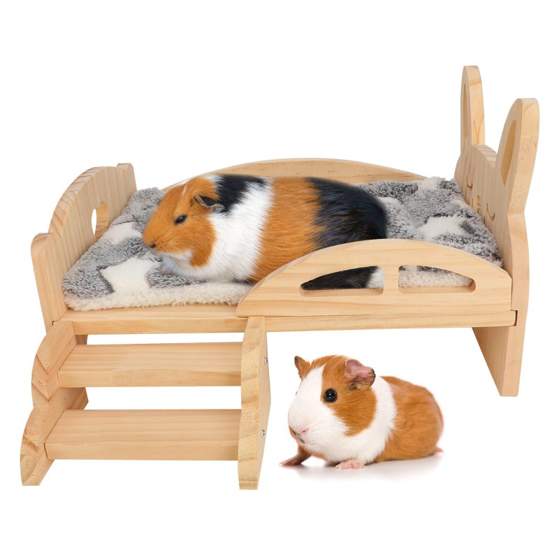 Rypet Wooden Guinea Pig Bed with Stairs and Mat Cozy Small Animals Cushion Bed Detachable Small Pet Hut Habitats for Guinea Pig Dwarf Rabbit Chinchillas Hamster Ferret - Image 1