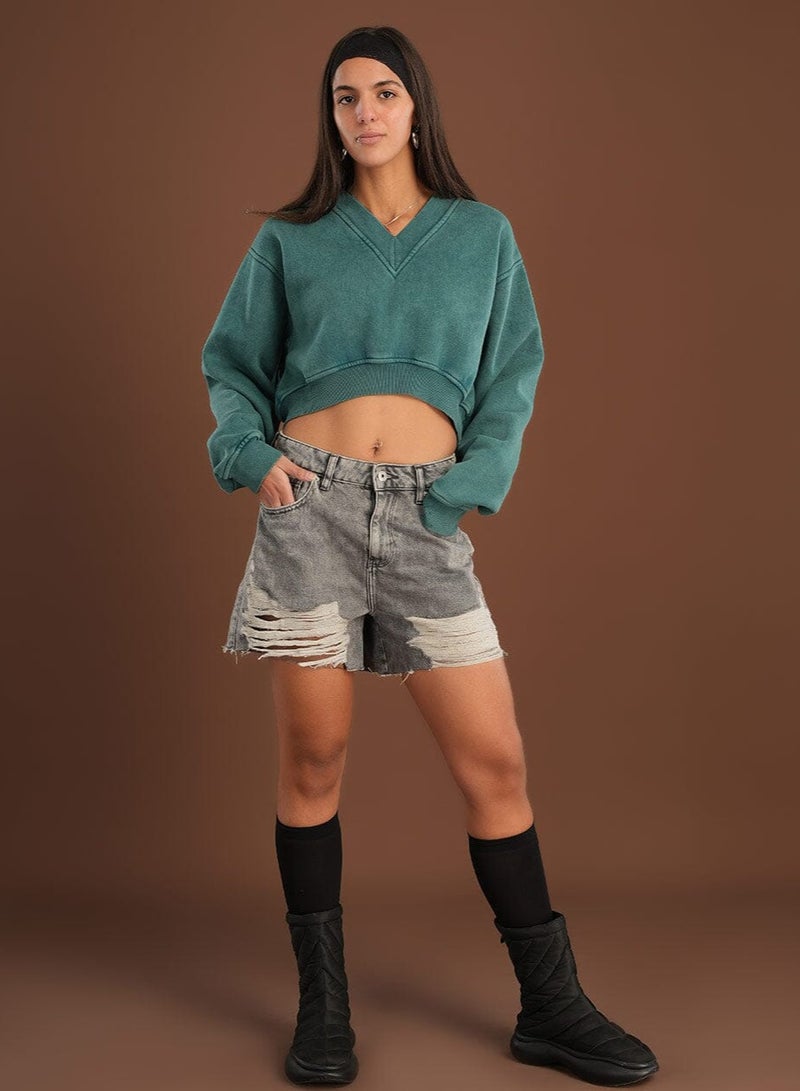 In Your Shoe Teal Cropped V-Neck Sweatshirt - Image 1