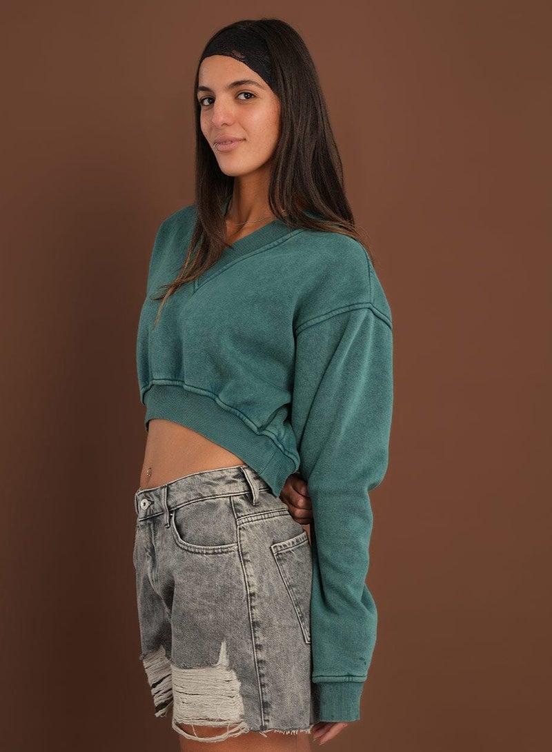 In Your Shoe Teal Cropped V-Neck Sweatshirt - Image 3