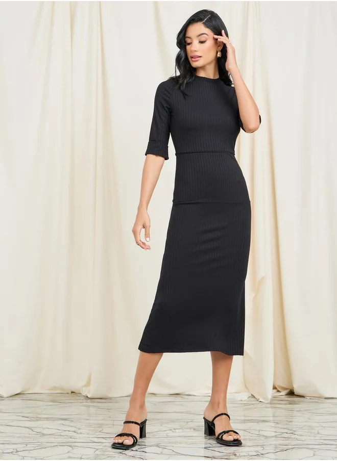 Styli Ribbed Roll Up Sleeves Shift Midi Dress