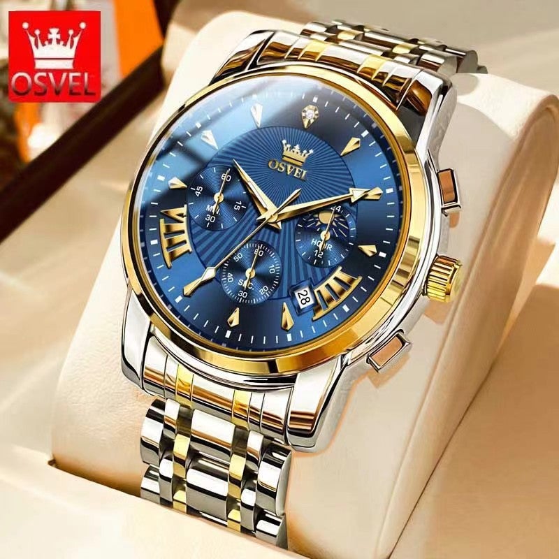 Mens Business Casual Quartz Watch Gold blue steel strip [calendar] 