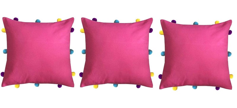 Lushomes Lushomes 3 Piece Raspberry Cushion Cover with Colorful Pom Poms 12 X 12 Pink  - Image 1