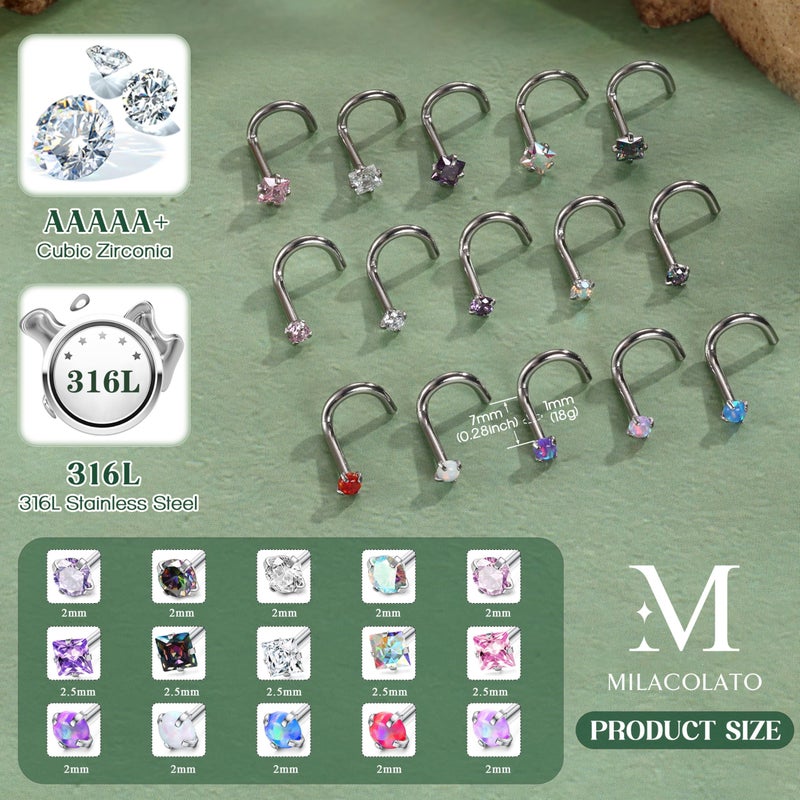 MILACOLATO Hypoallergenic Nose Rings for Women Men - 15Pcs 316L Surgical Stainless Steel Nose Rings Studs Corkscrew Studs Rings Cubic Zirconia Labret Lip Nose Nostril Piercing Jewelry 18G - Image 4