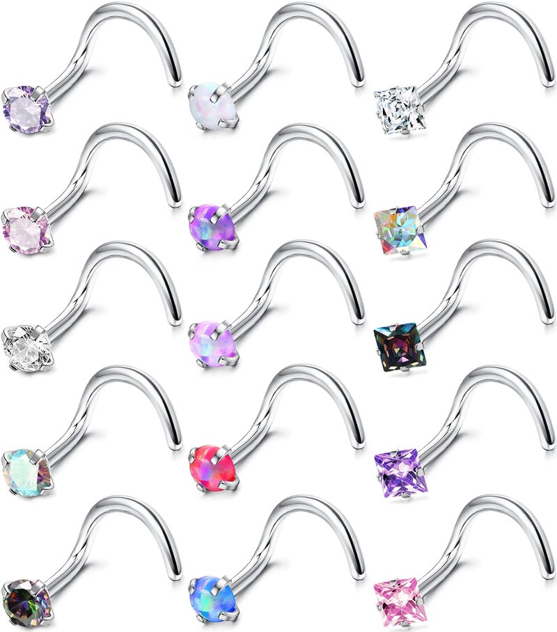 MILACOLATO Hypoallergenic Nose Rings for Women Men - 15Pcs 316L Surgical Stainless Steel Nose Rings Studs Corkscrew Studs Rings Cubic Zirconia Labret Lip Nose Nostril Piercing Jewelry 18G - Image 1