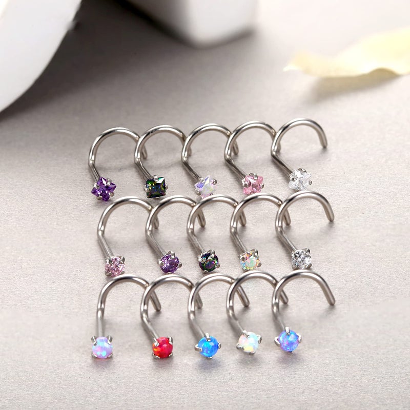 MILACOLATO Hypoallergenic Nose Rings for Women Men - 15Pcs 316L Surgical Stainless Steel Nose Rings Studs Corkscrew Studs Rings Cubic Zirconia Labret Lip Nose Nostril Piercing Jewelry 18G - Image 5
