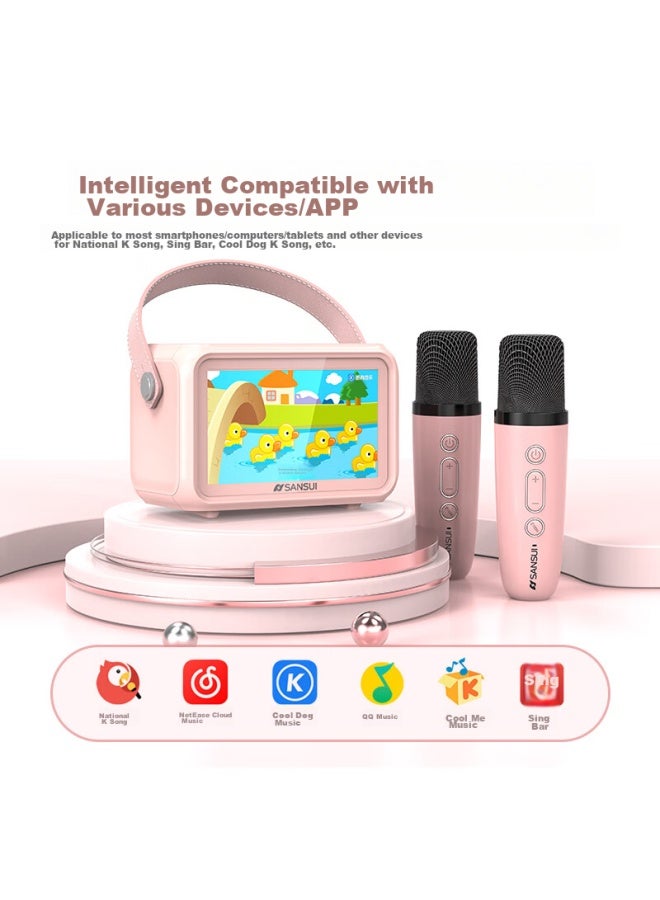 Sansui ميكروفون فيديو كاريوكي D76 مكبر صوت ميكروفون لاسلكي شامل جهاز غناء، نظام صوت منزلي Ktv مع بطاقة صوت مدمجة، متخصص للتلفاز، هدية عيد ميلاد للأطفال، وردي - Image 2