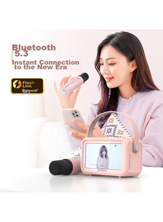 Sansui ميكروفون فيديو كاريوكي D76 مكبر صوت ميكروفون لاسلكي شامل جهاز غناء، نظام صوت منزلي Ktv مع بطاقة صوت مدمجة، متخصص للتلفاز، هدية عيد ميلاد للأطفال، وردي - Image 5