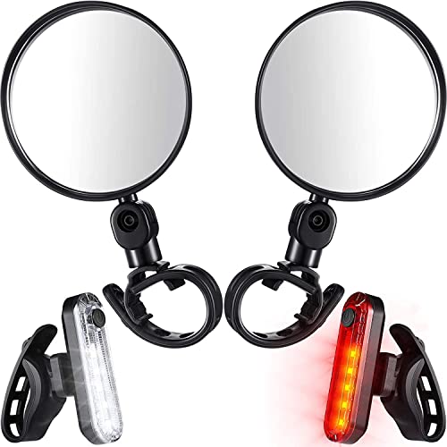 Linist 4 Pieces Convex Bicycle Mirror and Bicycle Light Set, 2 Pieces Bicycle Rear View Mirrors and 2 Pieces USB Rear Bicycle Lights Adjustable Rotatable Bicycle Convex Plastic Mirror - Image 1