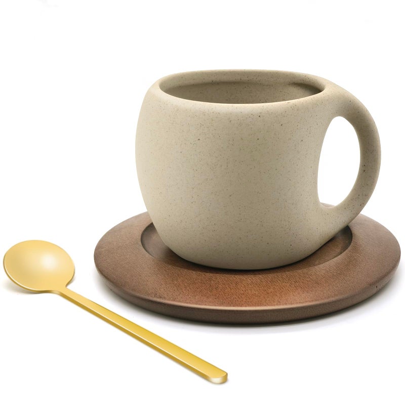 Oxmidud Ceramic Coffee Mug Set with Natural Wood Saucer & Spoon - 8.5 Oz Elegant Tea Cups for Latte, Hot Tea, Cappuccino, Milk - Microwave & Dishwasher Safe Cups for Men Women Birthday Christmas Gifts - Image 1