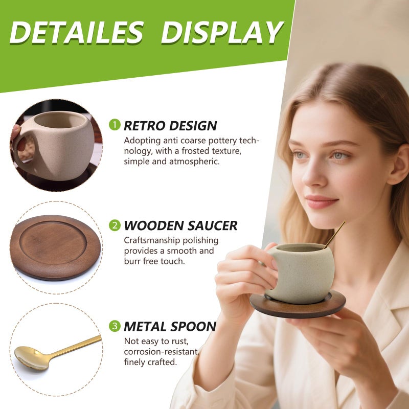 Oxmidud Ceramic Coffee Mug Set with Natural Wood Saucer & Spoon - 8.5 Oz Elegant Tea Cups for Latte, Hot Tea, Cappuccino, Milk - Microwave & Dishwasher Safe Cups for Men Women Birthday Christmas Gifts - Image 4