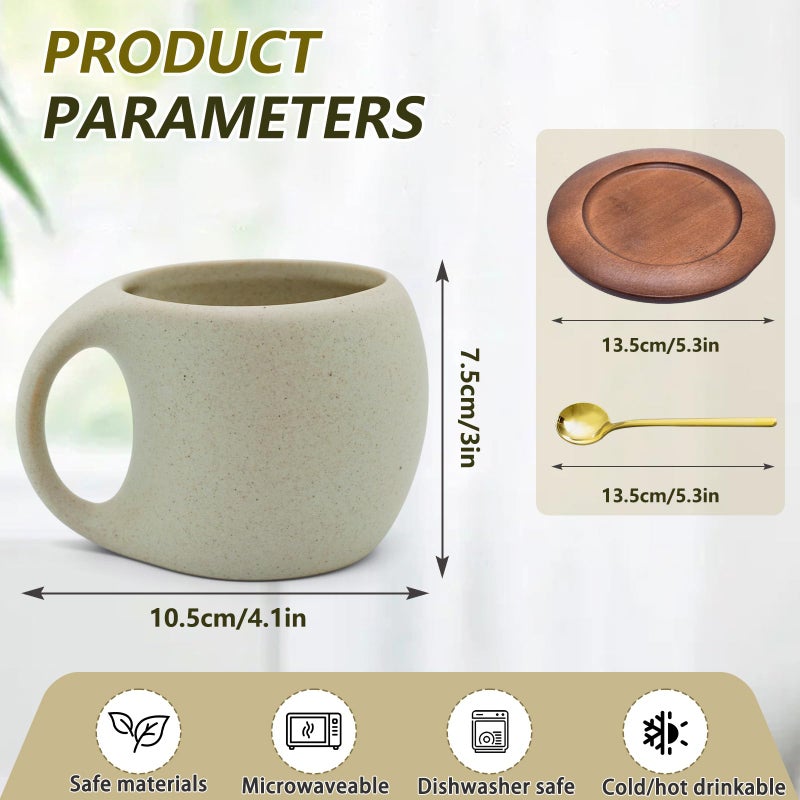 Oxmidud Ceramic Coffee Mug Set with Natural Wood Saucer & Spoon - 8.5 Oz Elegant Tea Cups for Latte, Hot Tea, Cappuccino, Milk - Microwave & Dishwasher Safe Cups for Men Women Birthday Christmas Gifts - Image 2