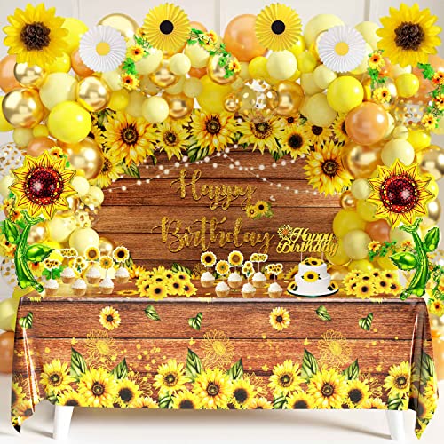BORAMDO Sunflower Birthday Party Decoration Pack including Backdrop Tablecloth Artificial Sunflowers and A Garland Cake Topper Balloon Garland Arch Foil Balloon Yellow Tissue Paper Flowers and Fans - Image 1