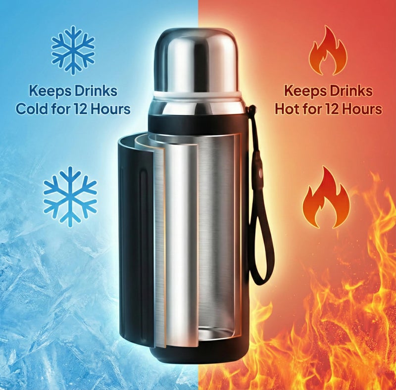 Jukusa Stainless Steel Insulated Water Bottle – Keep Drinks Hot or Cold, Durable & Leak-Proof, Portable Design with Carrying Strap, Black - Image 3