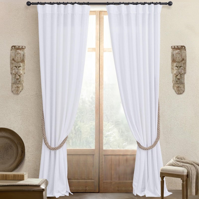 Pitalk ستائر بيضاء بيضاء منقوشة طولها 102 بوصات لغرفة نوم خمر ديكور فني 2 لوحات خلفية علامات تبويب مطوية الجيب شبه الشفهي تطريز كوتج جنوب غرب منتصف القرن الستار الحديث لغرفة المعيشة - Image 5