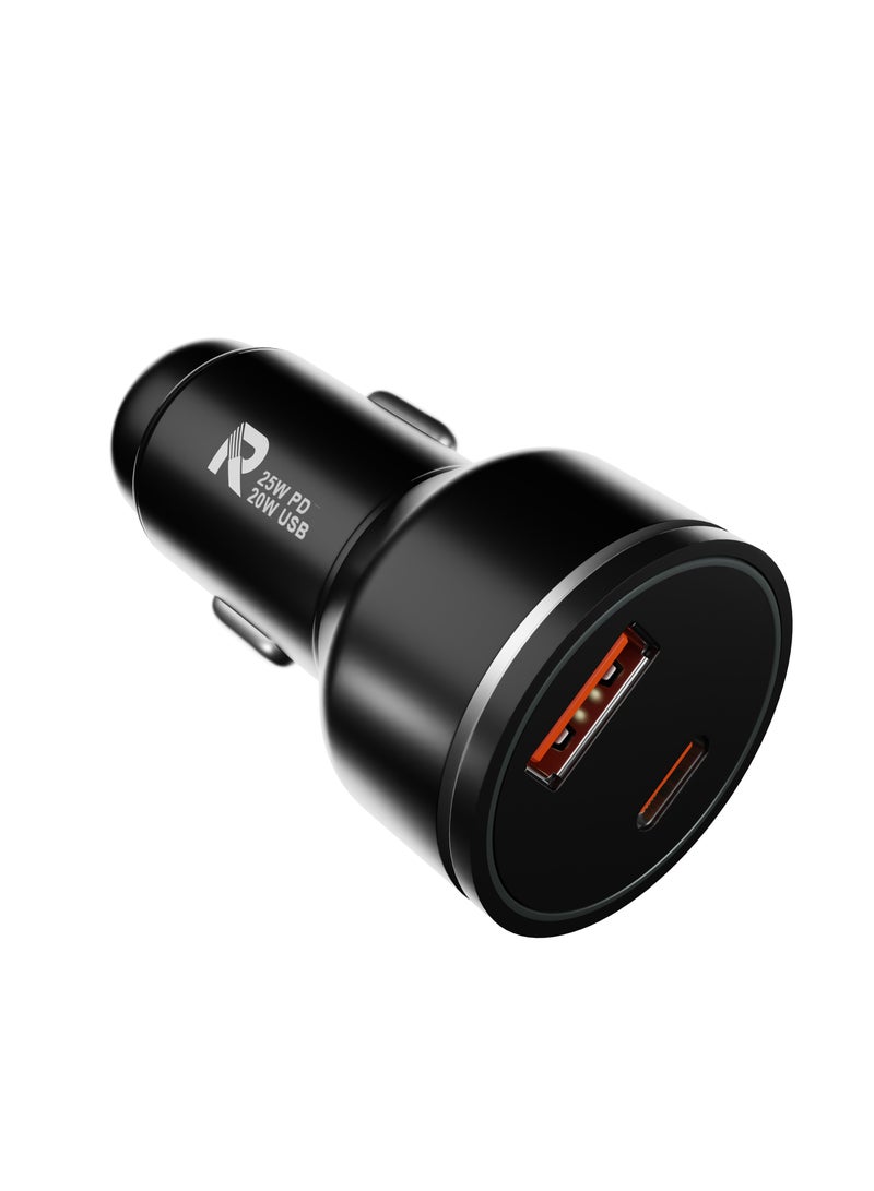RAFFAE 25W PD Fast Car Charger GaN Technology Dual Ports USB A, Type C Charger Compatible With iPhone 15/15 Plus/15 Pro/15 Pro Max/14/13/12/11, Samsung, OnePlus, Huawei- Black - Image 1