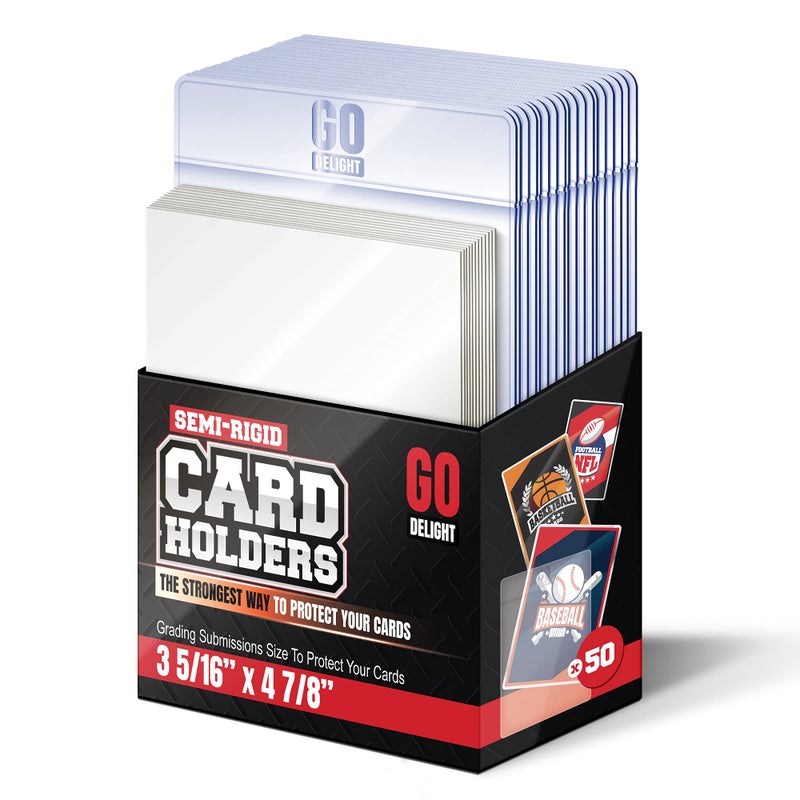 GO DELIGHT GO DELIGHT Semi Rigid Card Holders – 50 Card Holders for Trading Cards and 50 Penny Sleeves - 100 Bundle – Baseball Card Sleeves - Baseball Card Protectors - 3-5/16" x 4-7/8" Including 1/2" Lip  - Image 1