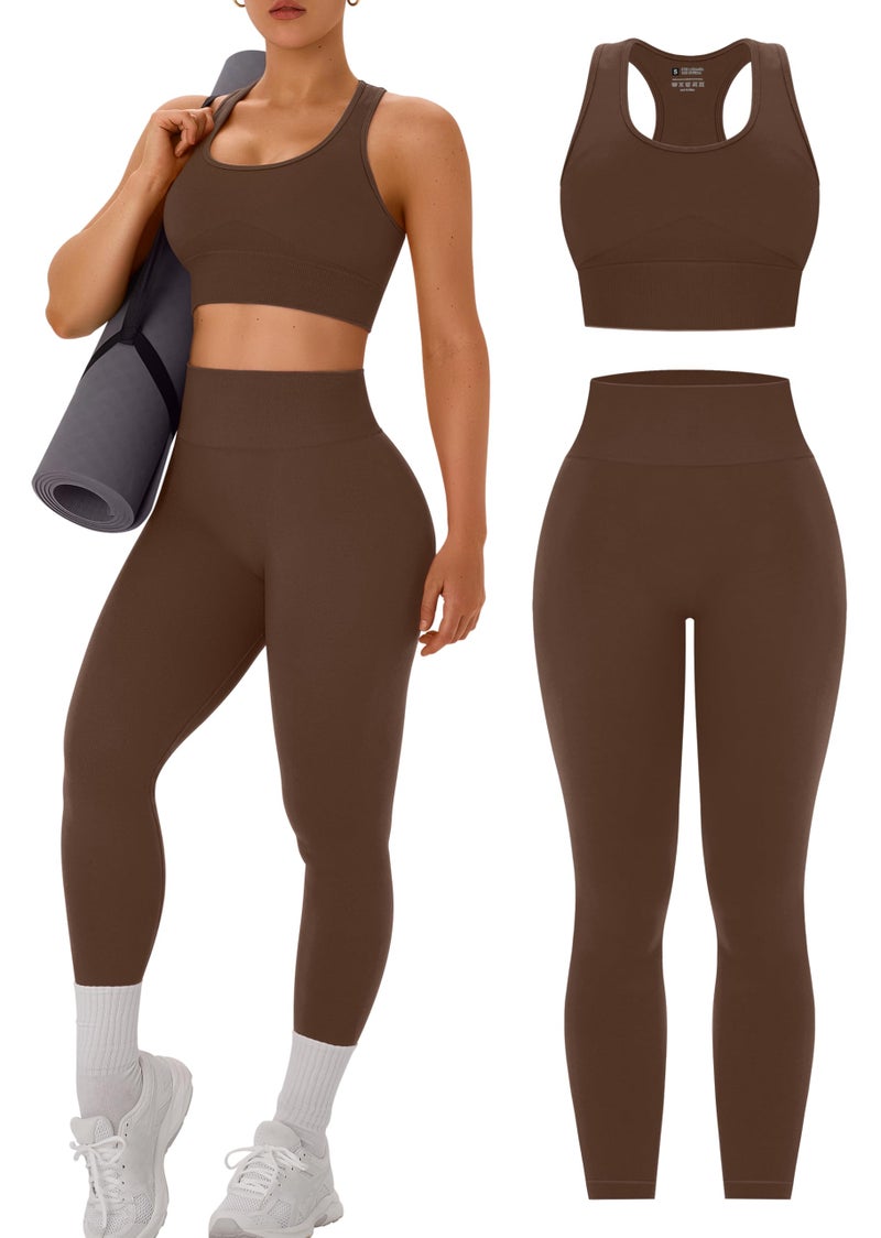OLCHEE Womens Workout Sets 2 Piece - Acid Wash Seamless Yoga Outfits High Waist Leggings Padded Racerback Sports Bra Gym Set - Solid Brown Medium - Image 1