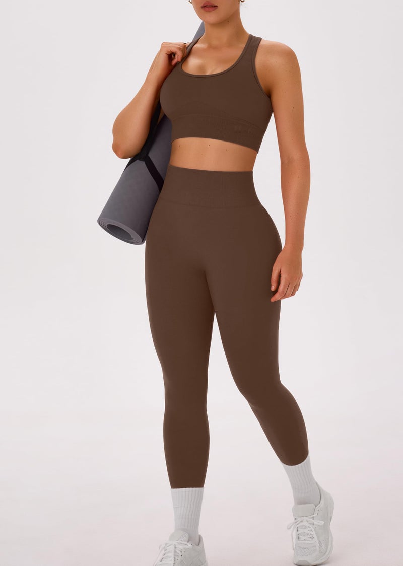 OLCHEE Womens Workout Sets 2 Piece - Acid Wash Seamless Yoga Outfits High Waist Leggings Padded Racerback Sports Bra Gym Set - Solid Brown Medium - Image 4