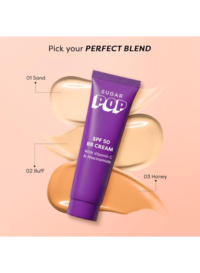 سكر بوب كريم "شوغر بوب" (SUGAR POP) بي بي (BB) بعامل حماية SPF 50، مع فيتامين C والنياسيناميد | مرطب ملون بلمسة نهائية مطفأة (غير لامعة) | خفيف الوزن | 30 جم - درجة 01 (Sand) - Image 3
