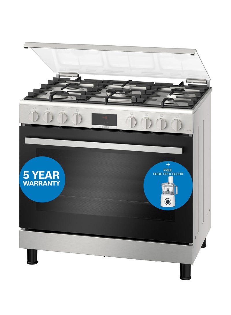 BOSCH Freestanding Gas Cooker, HGX5H8W51M, 90x60cm, 5 Burners, 147L XXL Cavity, Rotisserie, Stainless Steel, 5 Year Manufacturer Warranty, German Engineering + Free Food Processor HGX5H8W51M stainless_steel - Image 1
