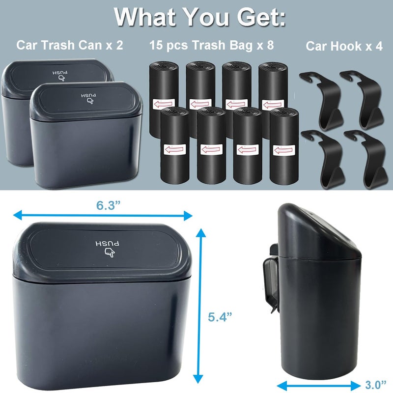 Kitbest 2 Pack Car Trash Can Bin with Lid, 120 Trash Bags & 4 Car Hooks - Image 2