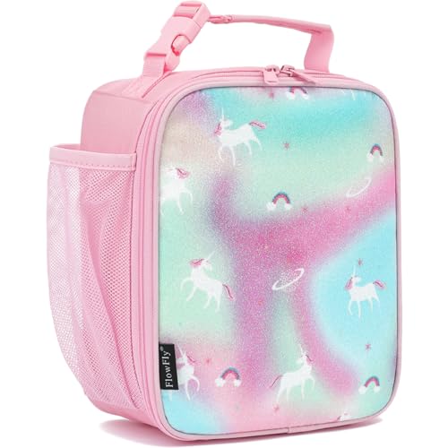 FlowFly Kids Lunch box Insulated Soft Bag Mini Cooler Back to School Thermal Meal Tote Kit for Girls Boys GlitterUnicorn - Image 1
