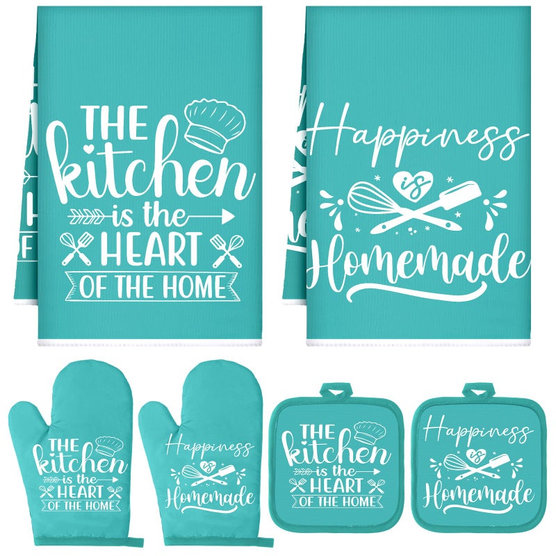 Sratte 6 Pcs Kitchen Decor Accessories Set Farmhouse Towels Pot Holders Oven Mitts Set 2 Dish Towels 2 Potholders 2 Cooking Mittens Oven Glove for Christmas Baking Cooking Supply(Light Teal,Kitchen) - Image 1