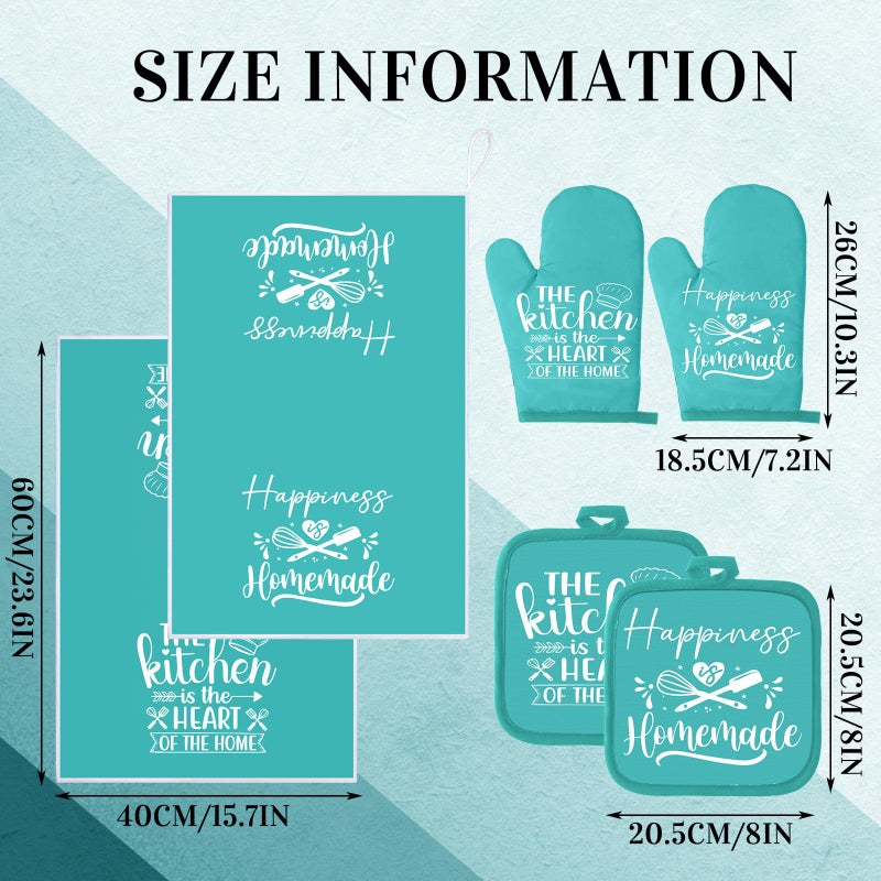 Sratte 6 Pcs Kitchen Decor Accessories Set Farmhouse Towels Pot Holders Oven Mitts Set 2 Dish Towels 2 Potholders 2 Cooking Mittens Oven Glove for Christmas Baking Cooking Supply(Light Teal,Kitchen) - Image 3