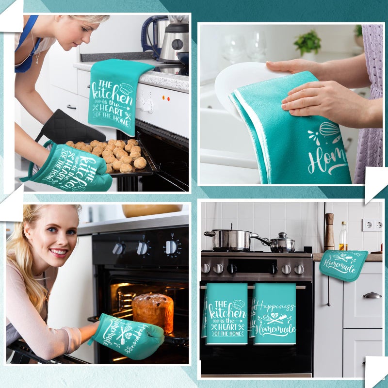 Sratte 6 Pcs Kitchen Decor Accessories Set Farmhouse Towels Pot Holders Oven Mitts Set 2 Dish Towels 2 Potholders 2 Cooking Mittens Oven Glove for Christmas Baking Cooking Supply(Light Teal,Kitchen) - Image 4