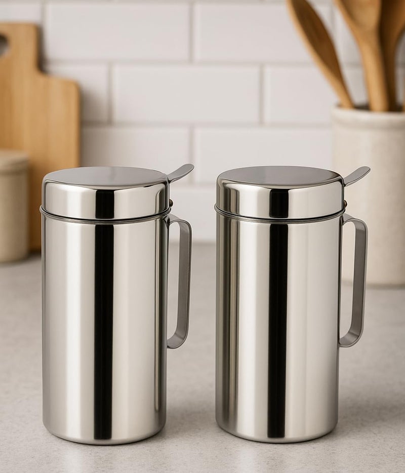 VISAXMI® Stainless Steel Oil Dispenser 1 liter (1000ml) | Oil Container for Kitchen | Leak Proof | Eco Friendly | Durable Oil Can With Handle – (Pack of 2, Silver) - Image 1