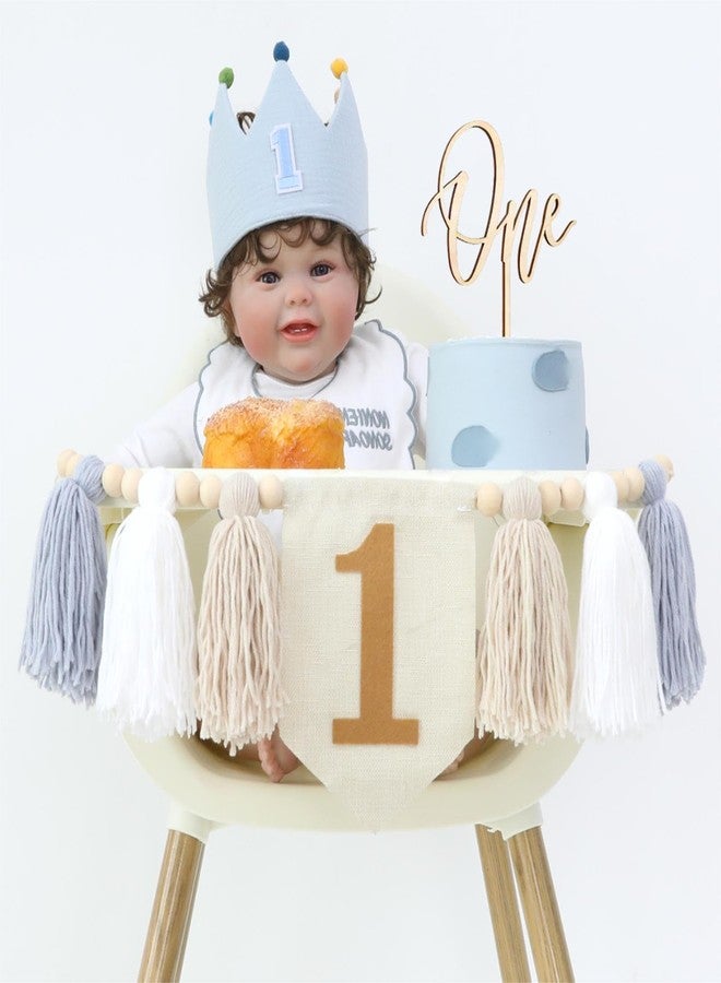 HODIHIWI Baby Boy First Birthday Party Decorations Blue White High Chair Banner 1st Birthday Crown Cake Topper 1st Birthday Decor - Image 2