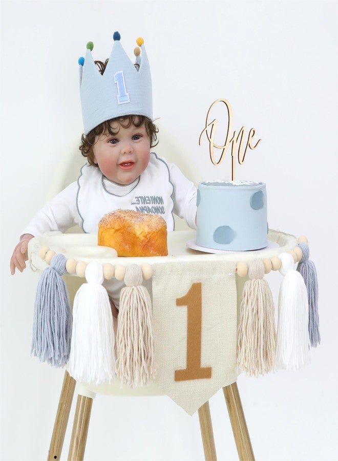 HODIHIWI Baby Boy First Birthday Party Decorations Blue White High Chair Banner 1st Birthday Crown Cake Topper 1st Birthday Decor - Image 3