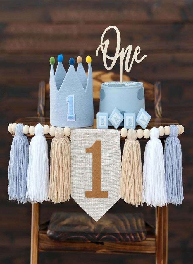 HODIHIWI Baby Boy First Birthday Party Decorations Blue White High Chair Banner 1st Birthday Crown Cake Topper 1st Birthday Decor - Image 4