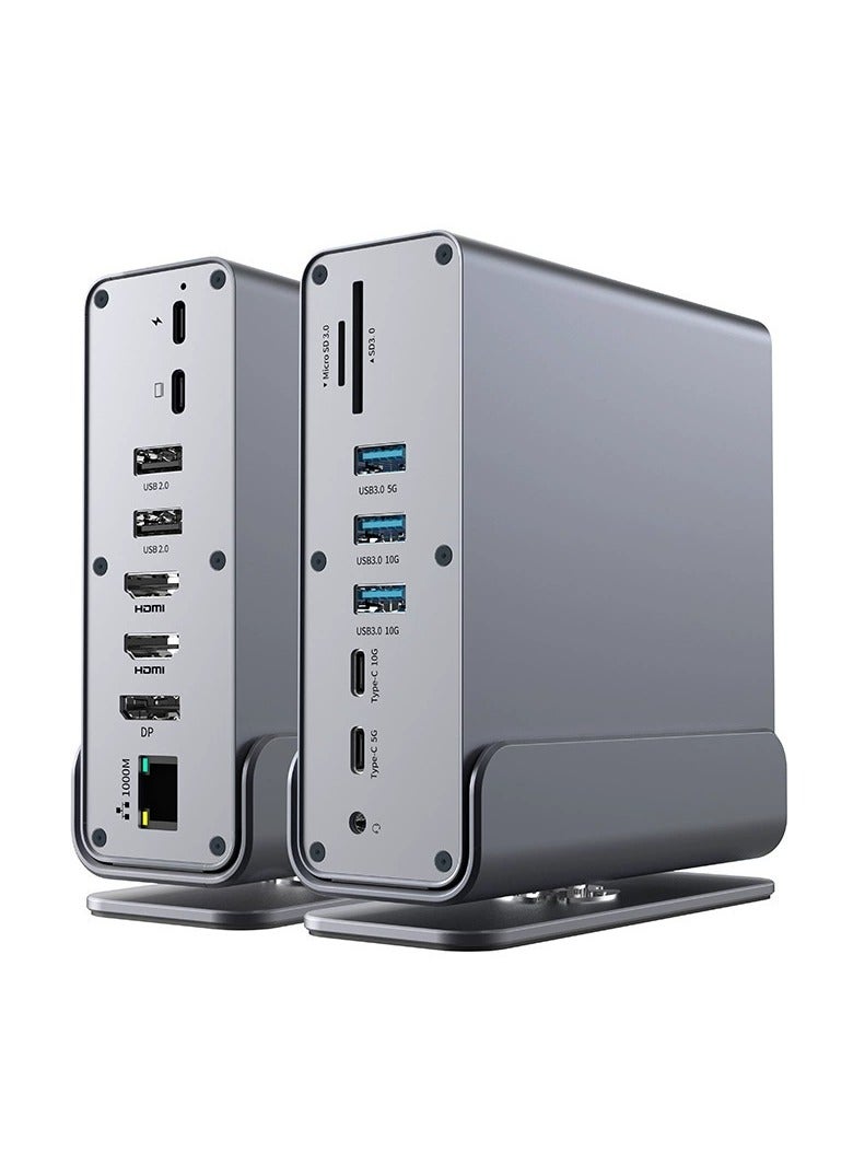 15-in-1 Type-C Docking Station – USB Multi-Port Hub with 4K@60Hz HDMI DP, 10Gbps High-Speed Transfer, 1000Mbps Ethernet, PD 100W Fast Charging, SD/TF Slot 3.5mm Audio – Vertical Desktop Expansion