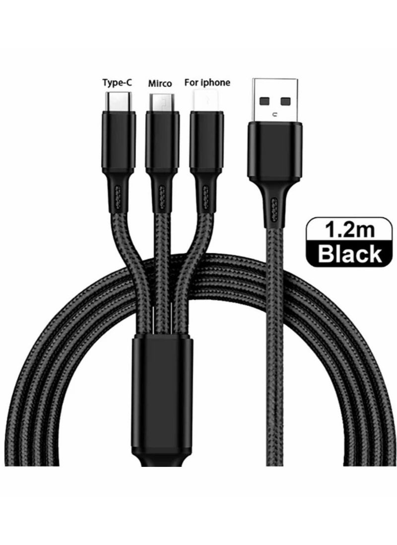 Generic - 3-in-1 Multifunctional Charging Cable (1.2M) | Nylon Braided USB to Type-C/Micro-USB/Lightning | Quick Charge Adapter for Smartphones & Tablets | Matte Round Cord, 5-10W Power - Image 1