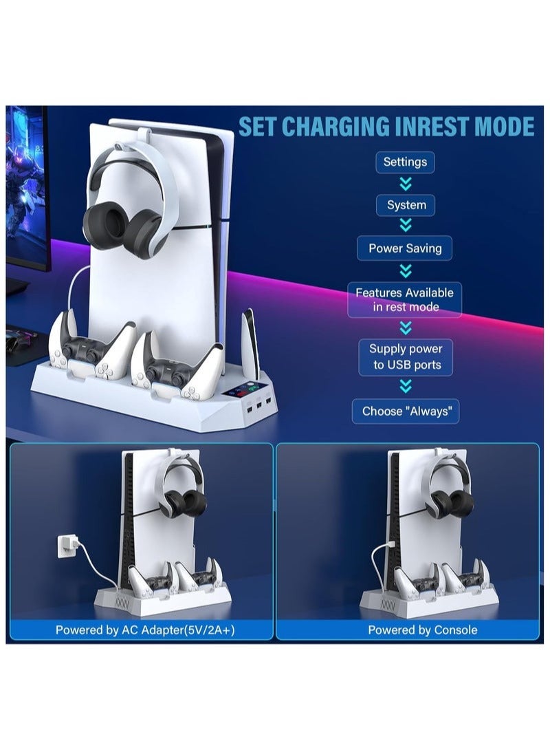 XiuWoo PS5 Slim Stand and Cooling Station with Controller Charging Station for Playsation 5 Slim&Standard Disc/Digital Console, PS5 Accessories Incl. Controller Charger/Turbo Fan/3 USB Hub/Headset holder  - Image 4